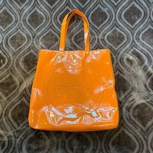 Tory Burch Patent Leather Emblem Orange Tote Bag